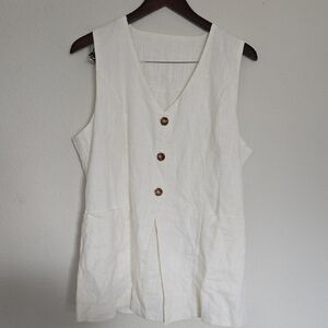 Elegant Off-white Hemp Blend Long Line Tunic Vest Summer Top